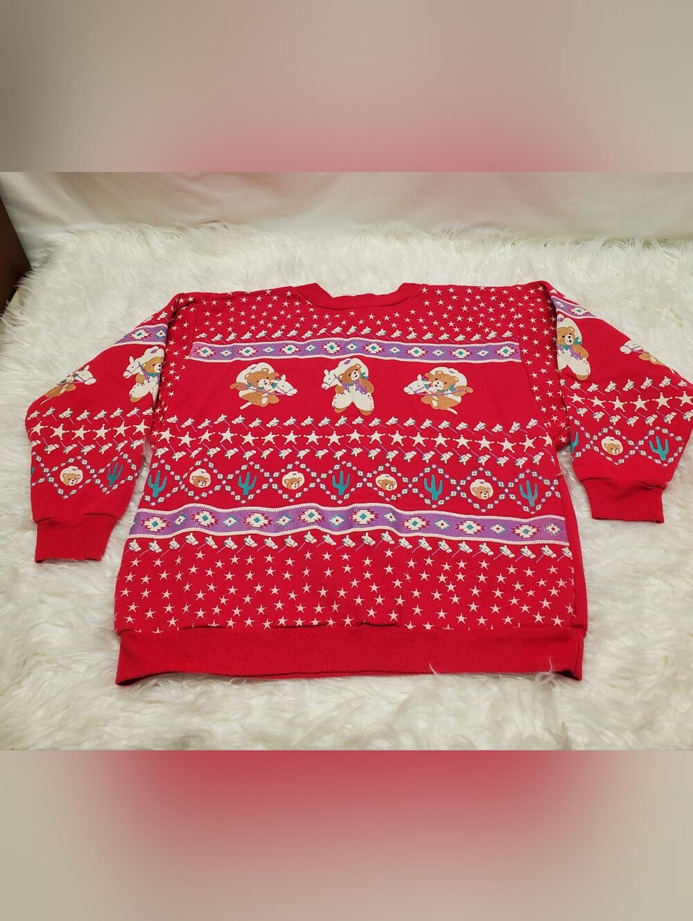 Rare vintage 80s *Magenta Pink* bear cowboy Christmas scoop Spumoni sweater